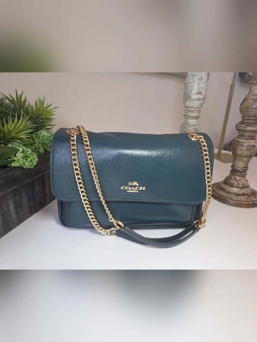Coach Elodie Dark Teal Smooth Leather Crossbody/Shoulder Bag Gold Chain NWT